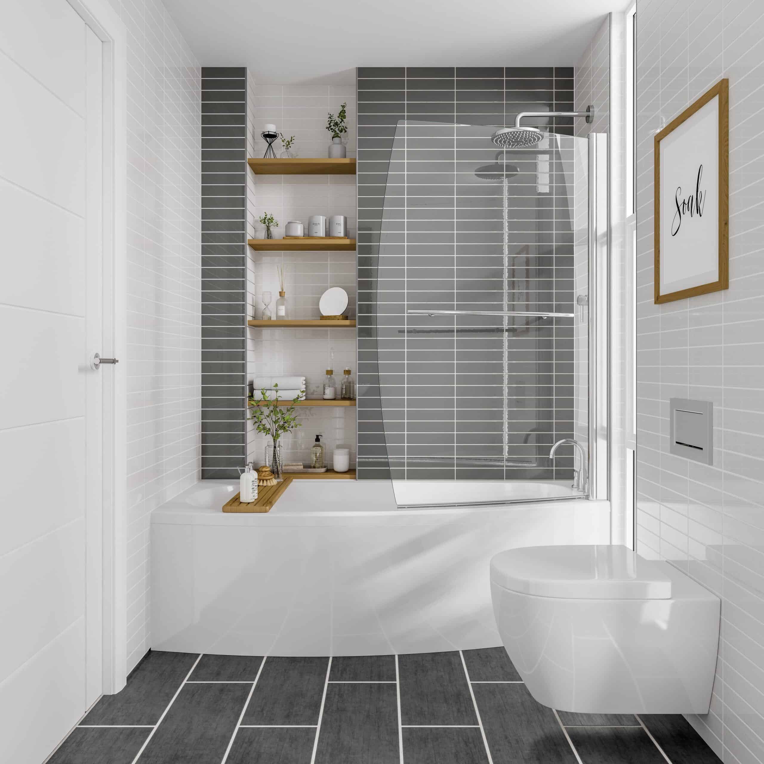 Space Saver Bath in grey tiled bathroom