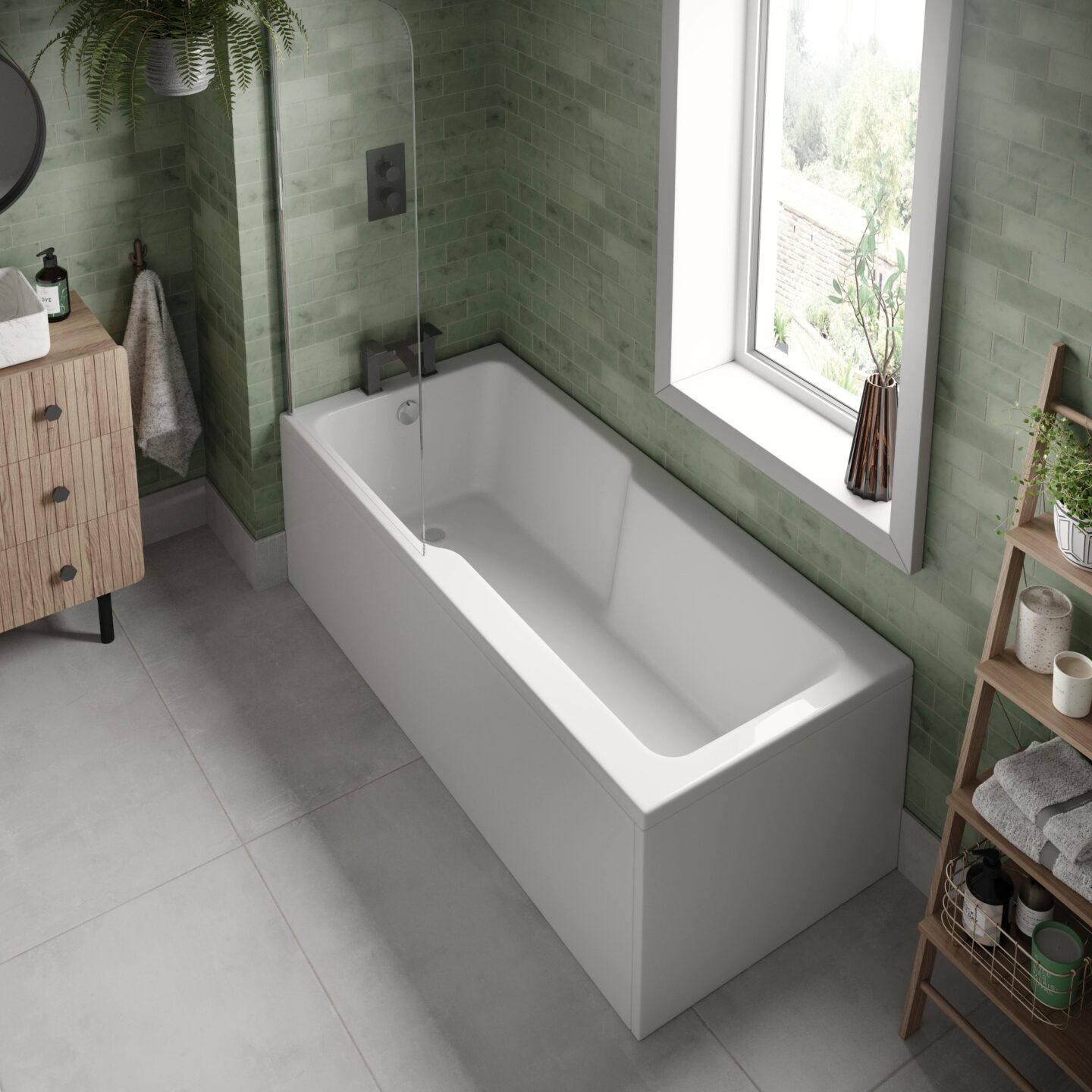 Trojan's Evolve shower bath in a green tiled bathroom