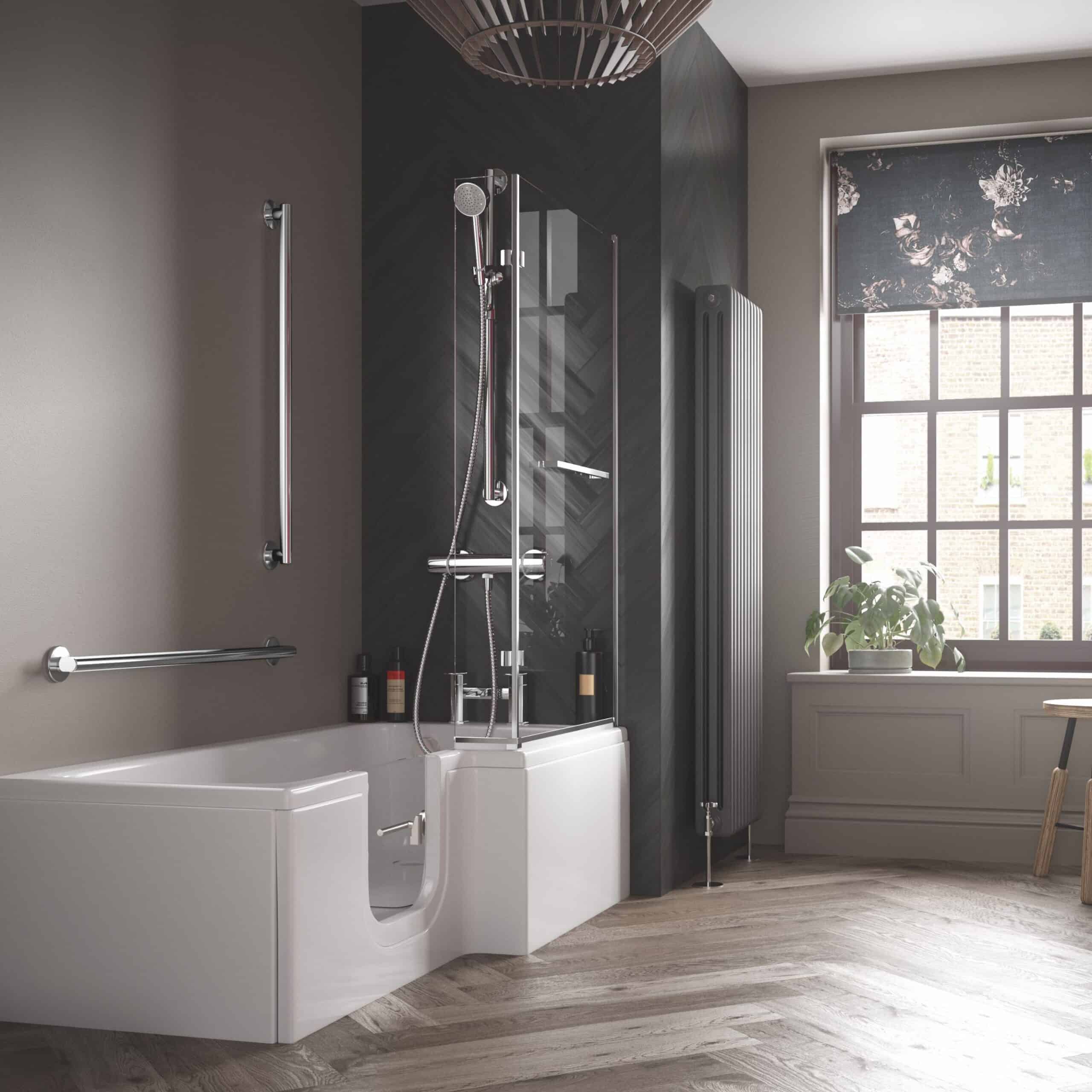 L Shaped Solarna Walk-In Bath in a dark styled bathroom