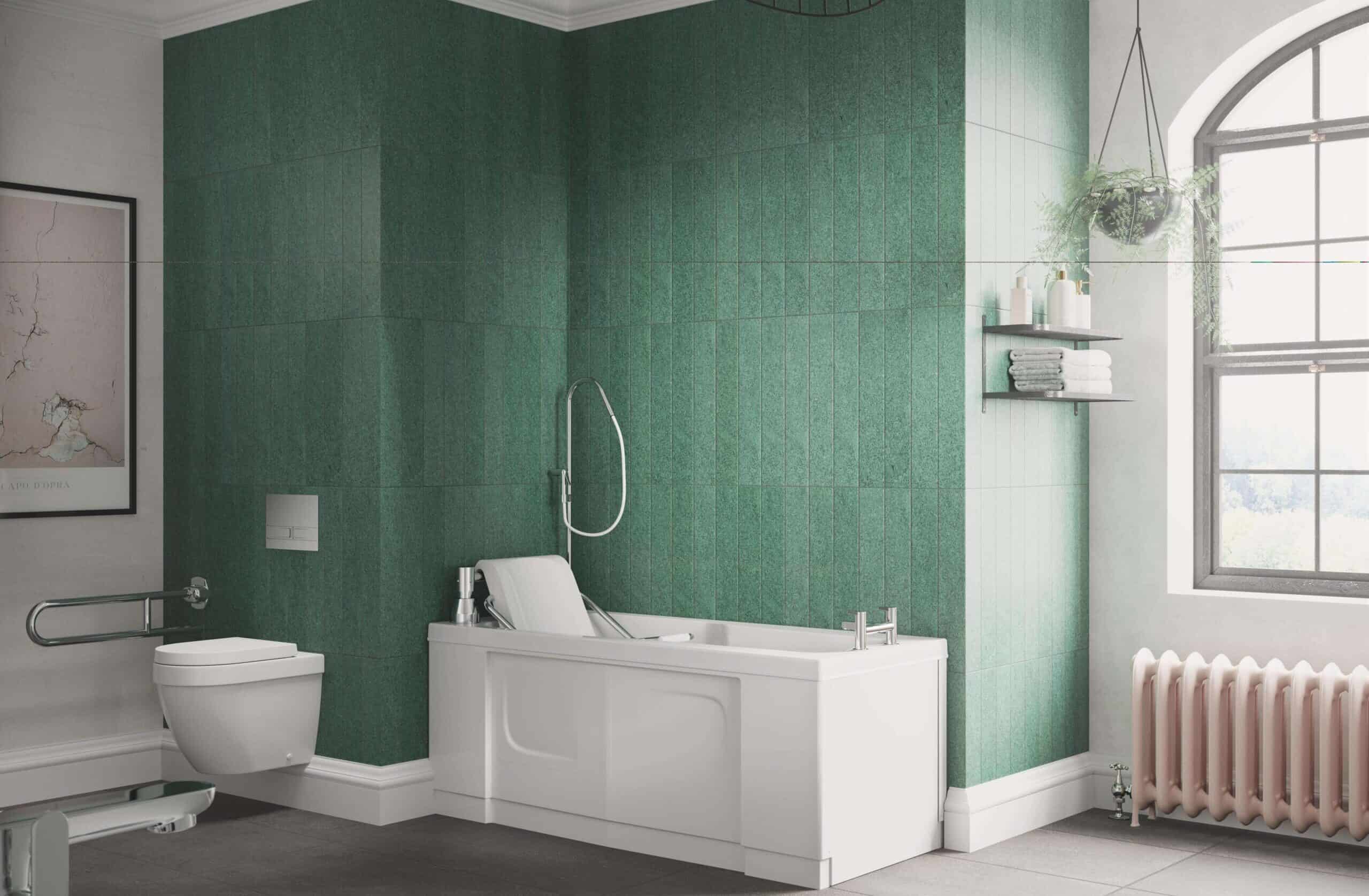 Marcella power list bath in a green styled bathroom