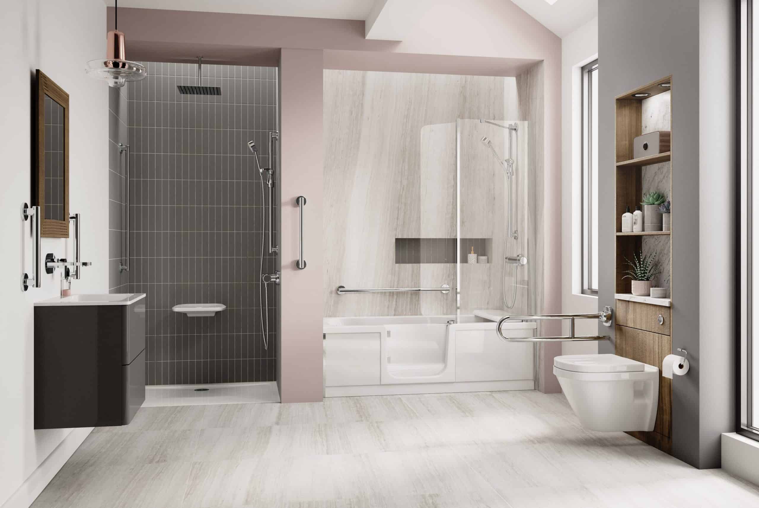 A future proofed bathroom space example with grab rails, easy access baths and a shower seat