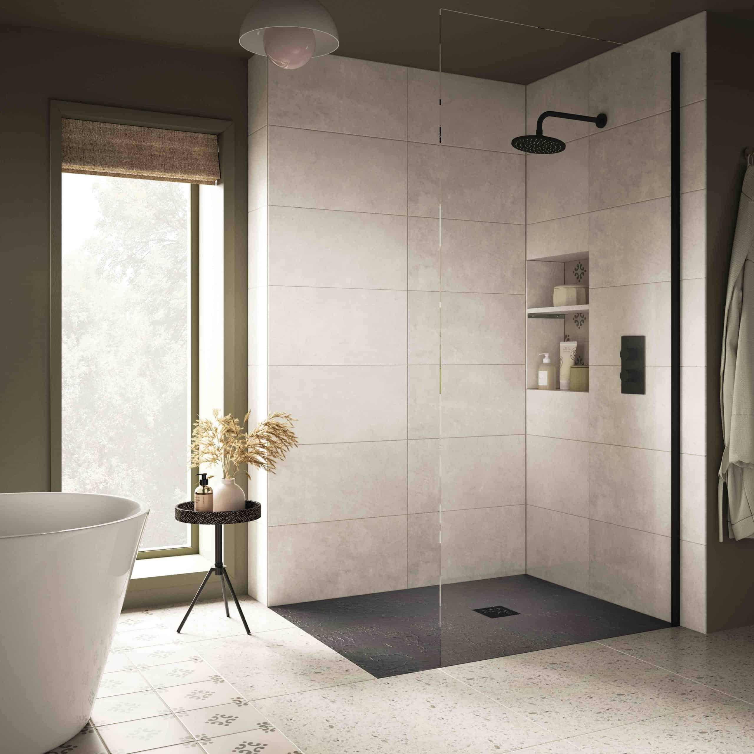 A slate effect shower tray in a modern styled bathroom